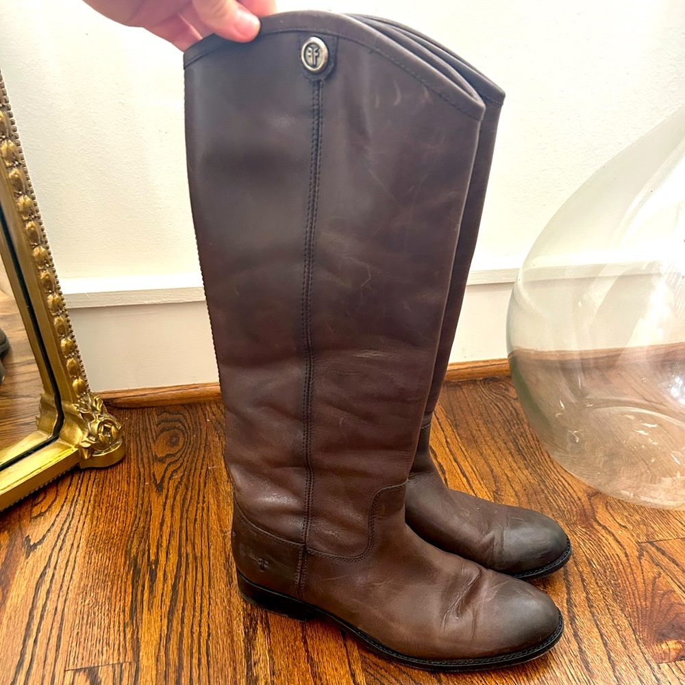 Frye Melissa Button Brown Pull On Riding Boots